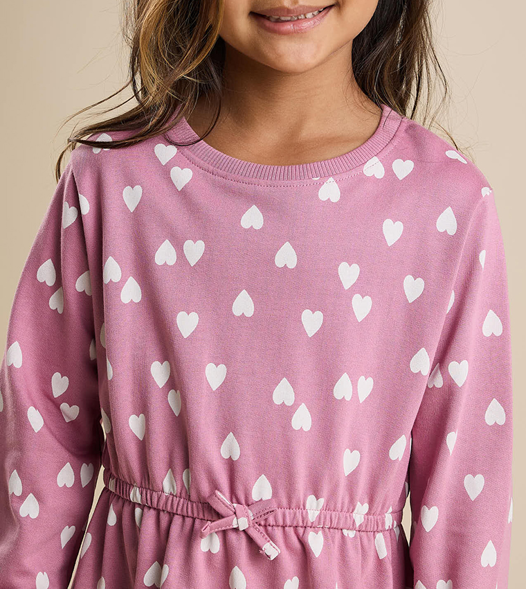 Heart Print Flared Dress with Crew Neck and Long Sleeves
