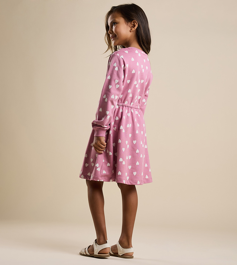 Heart Print Flared Dress with Crew Neck and Long Sleeves