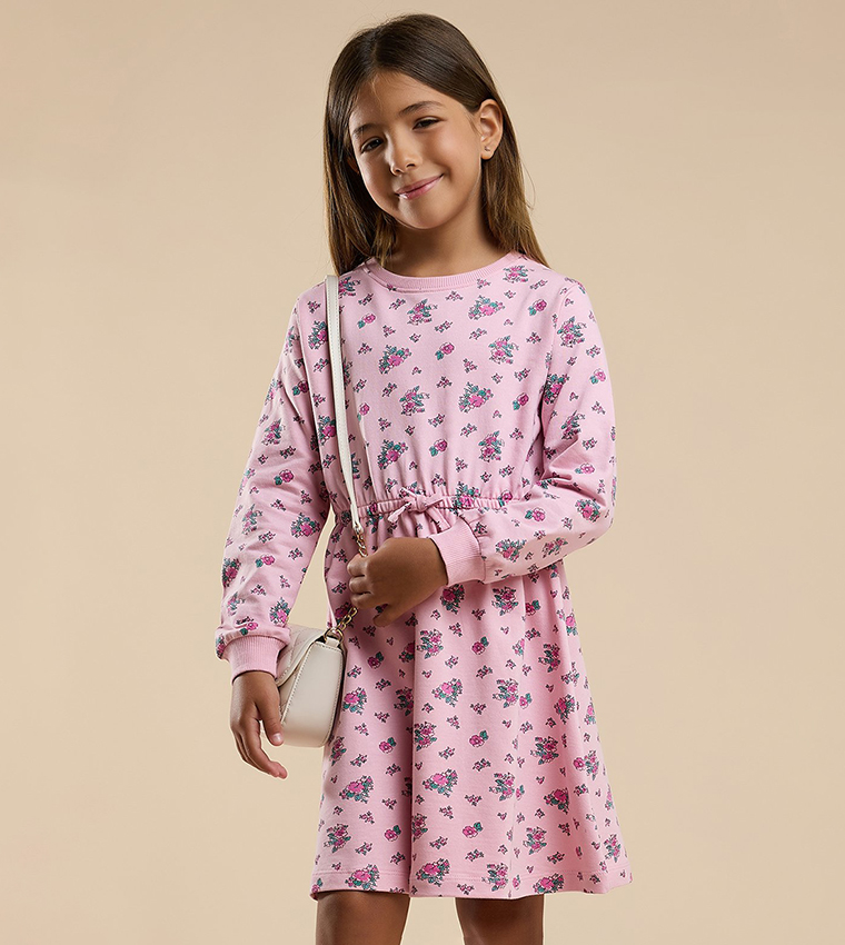 Printed Knit Dress with Crew Neck and Long Sleeves