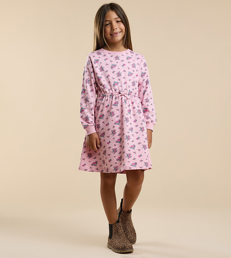 Printed Knit Dress with Crew Neck and Long Sleeves