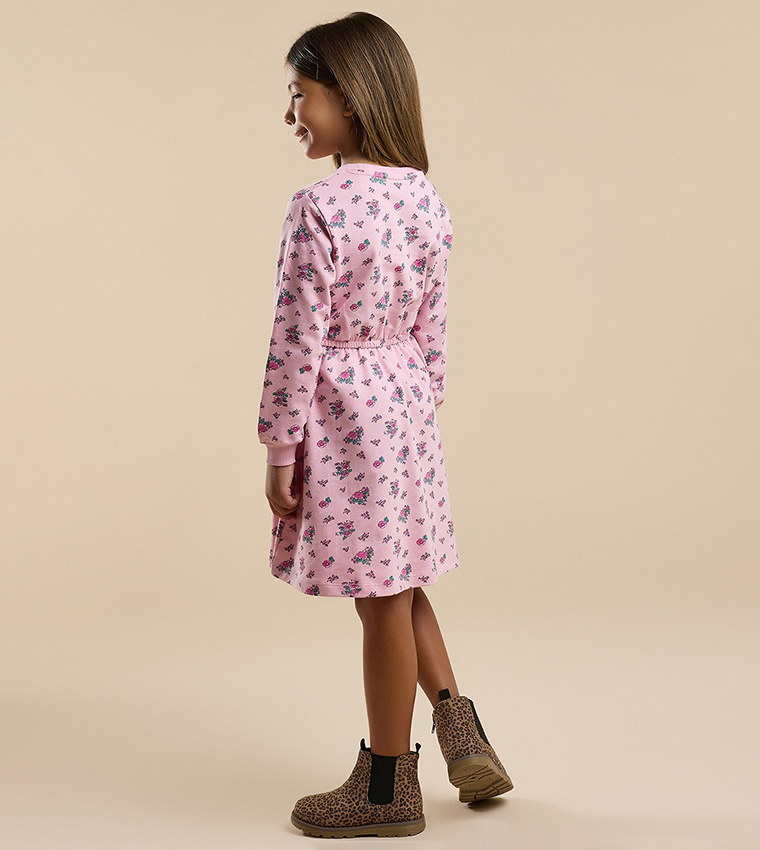 Printed Knit Dress with Crew Neck and Long Sleeves