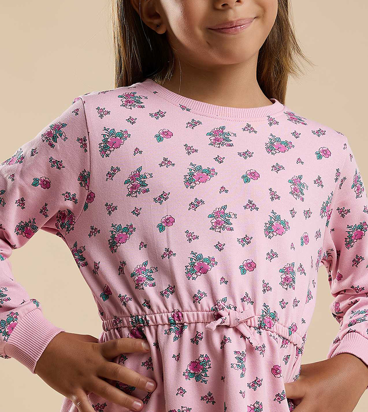 Printed Knit Dress with Crew Neck and Long Sleeves