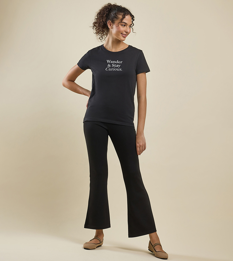 Typography Print T-Shirt with Crew Neck and Short Sleeves