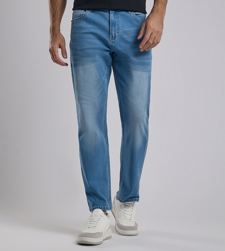Faded Tapered Fit Jeans with Button Closure