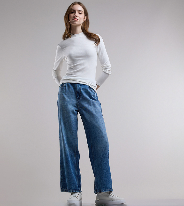 Ribbed Top with High Neck and Long Sleeves