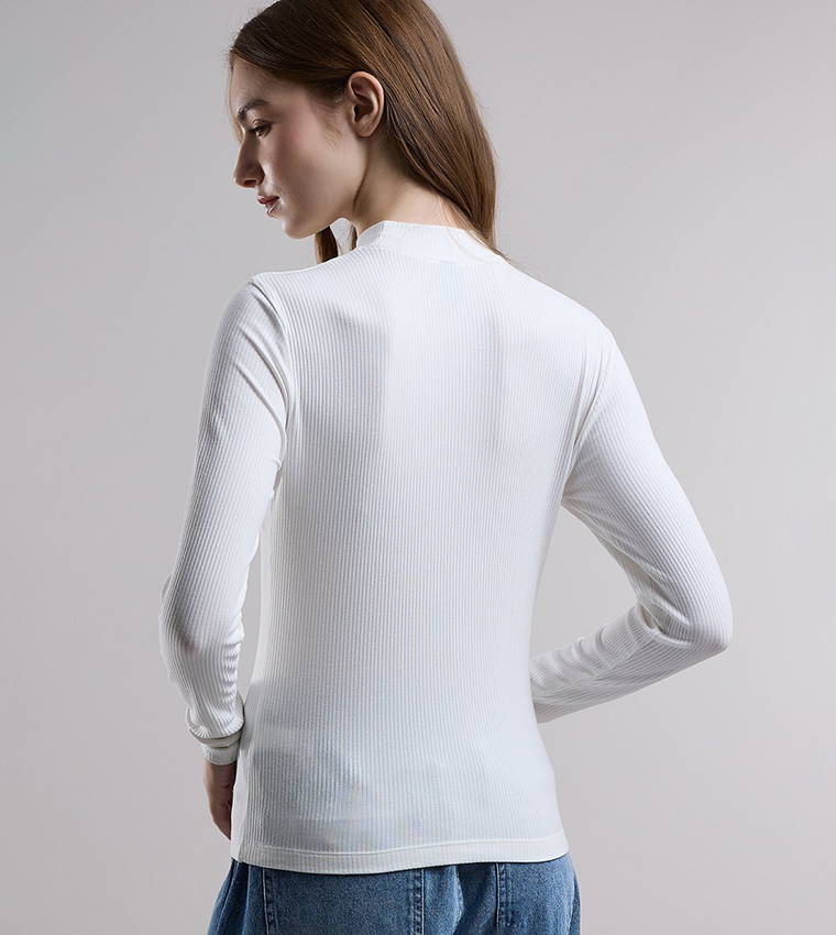 Ribbed Top with High Neck and Long Sleeves