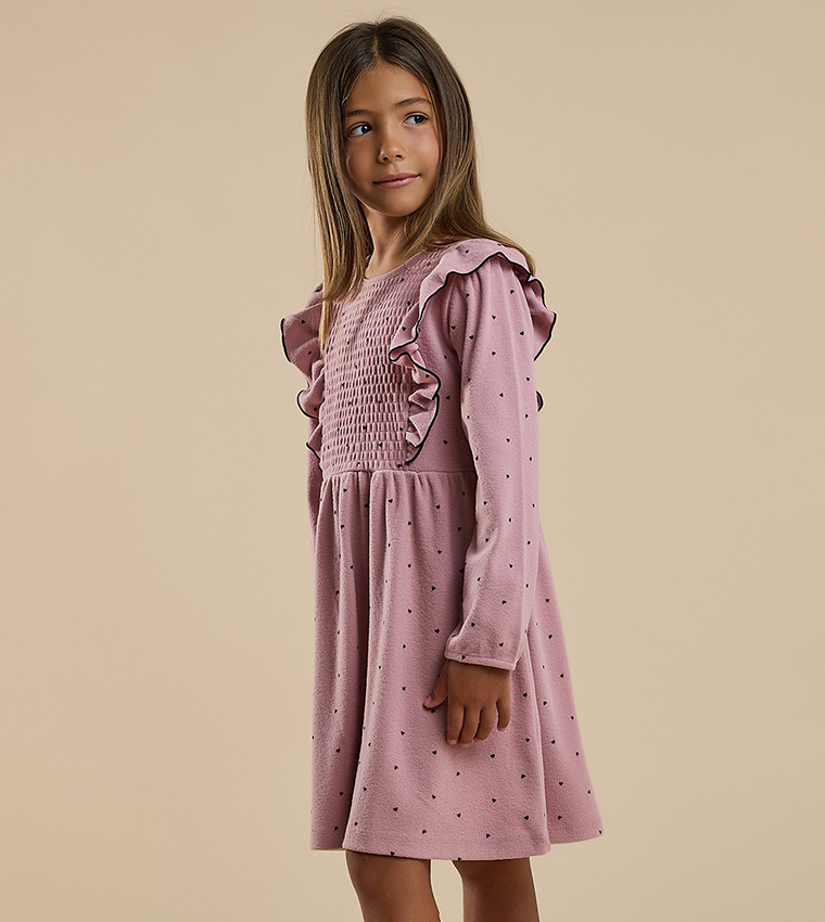 Printed Flared Dress with Crew Neck and Long Sleeves