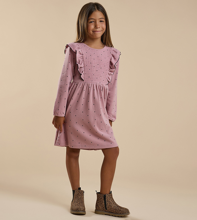 Printed Flared Dress with Crew Neck and Long Sleeves