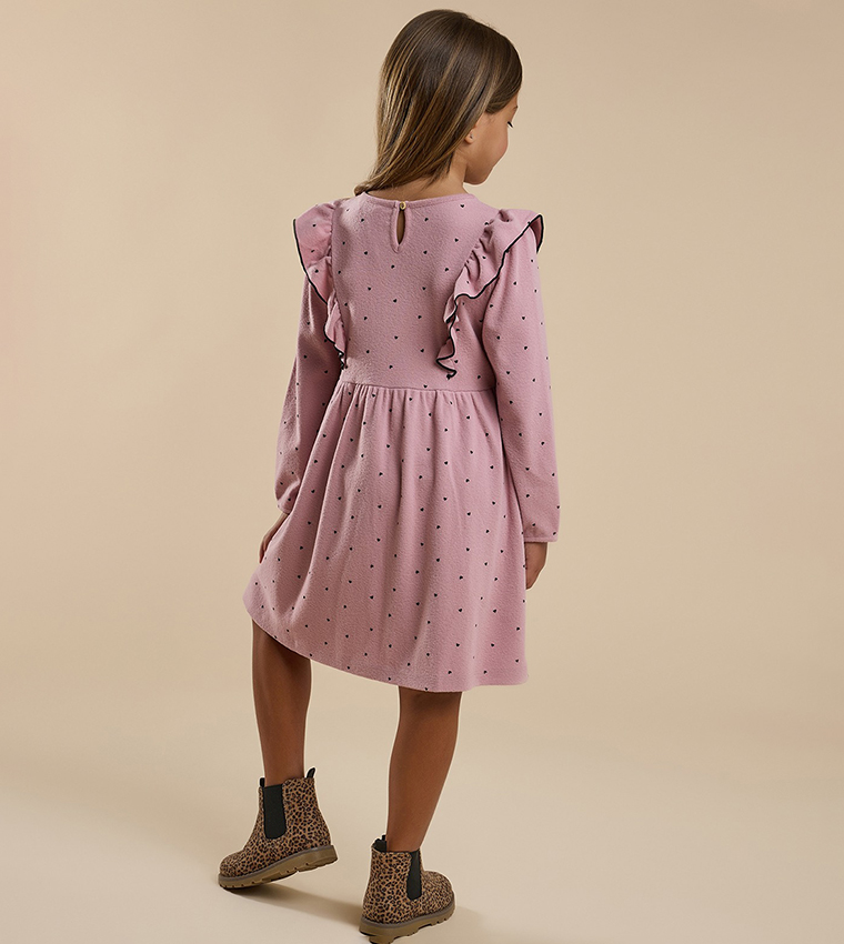 Printed Flared Dress with Crew Neck and Long Sleeves