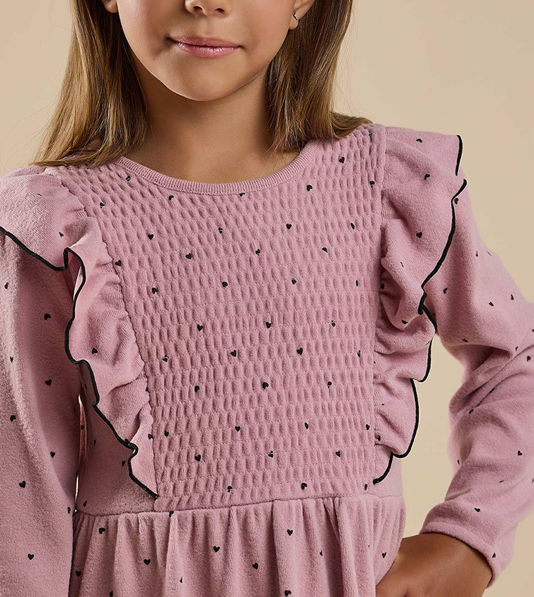 Printed Flared Dress with Crew Neck and Long Sleeves