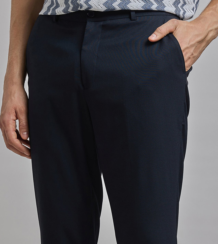 Solid Tapered Fit Trousers with Button Closure