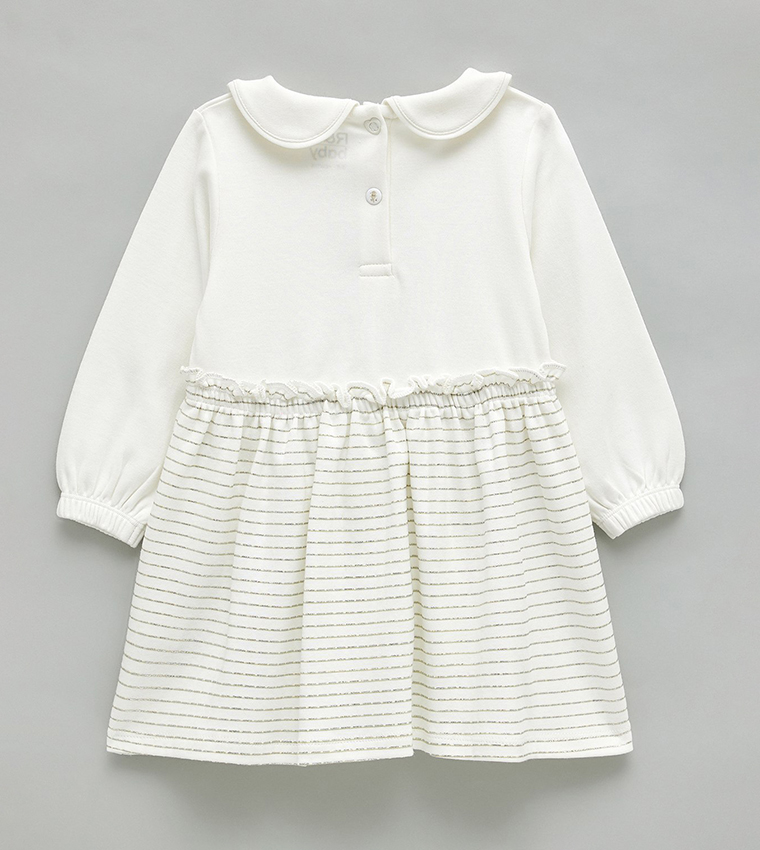 Appliqued A-Line Dress with Baby Collar and Long Sleeves