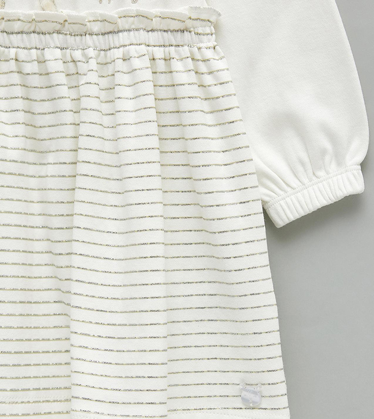 Appliqued A-Line Dress with Baby Collar and Long Sleeves