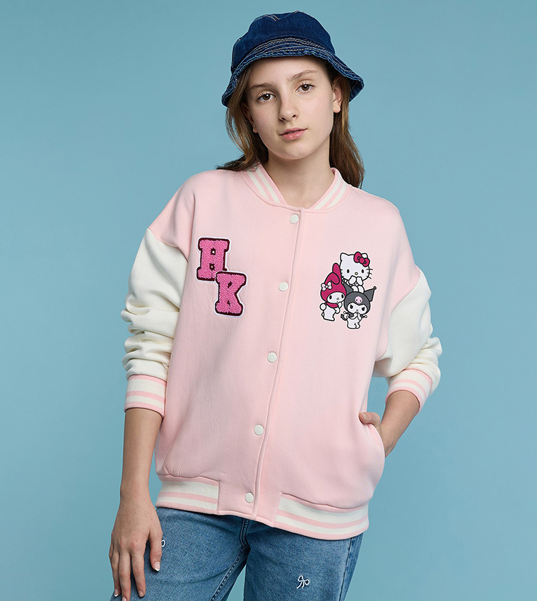 Hello Kitty & Friends Print Bomber Jacket with Button Closure