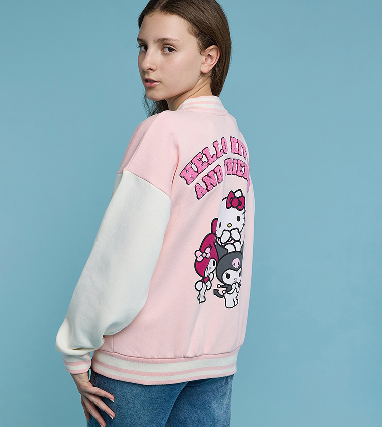 Hello Kitty & Friends Print Bomber Jacket with Button Closure