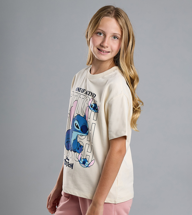 Stitch Print T-Shirt with Crew Neck and Short Sleeves