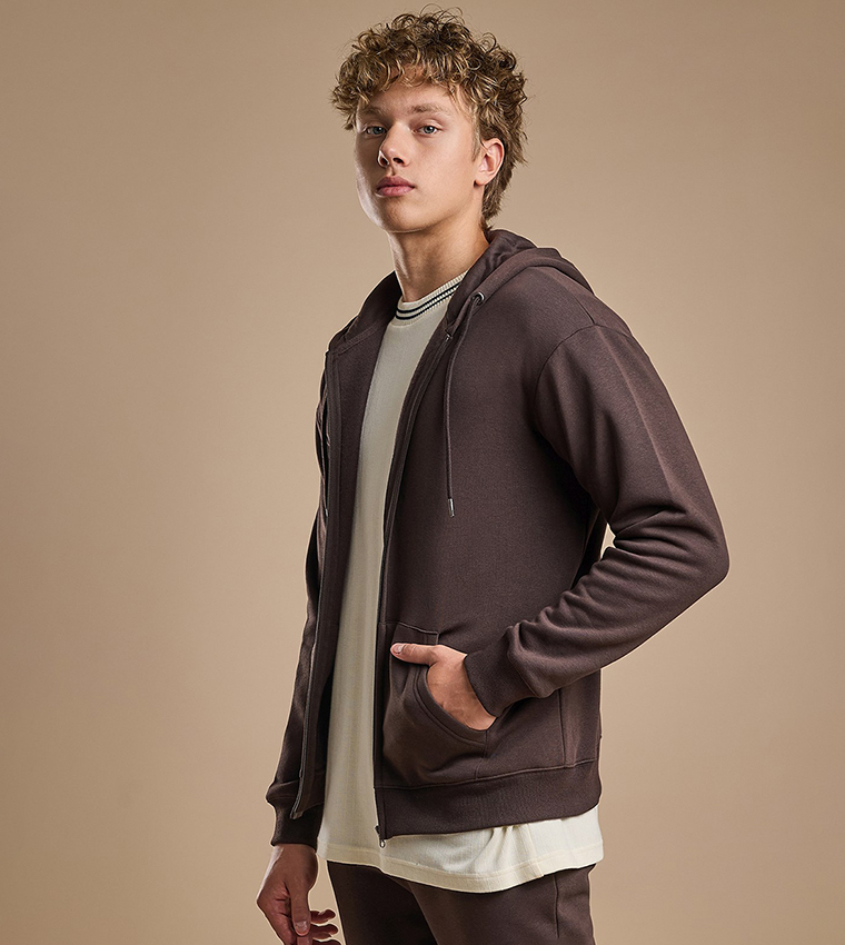 Solid Hooded Jacket with Zipper Closure