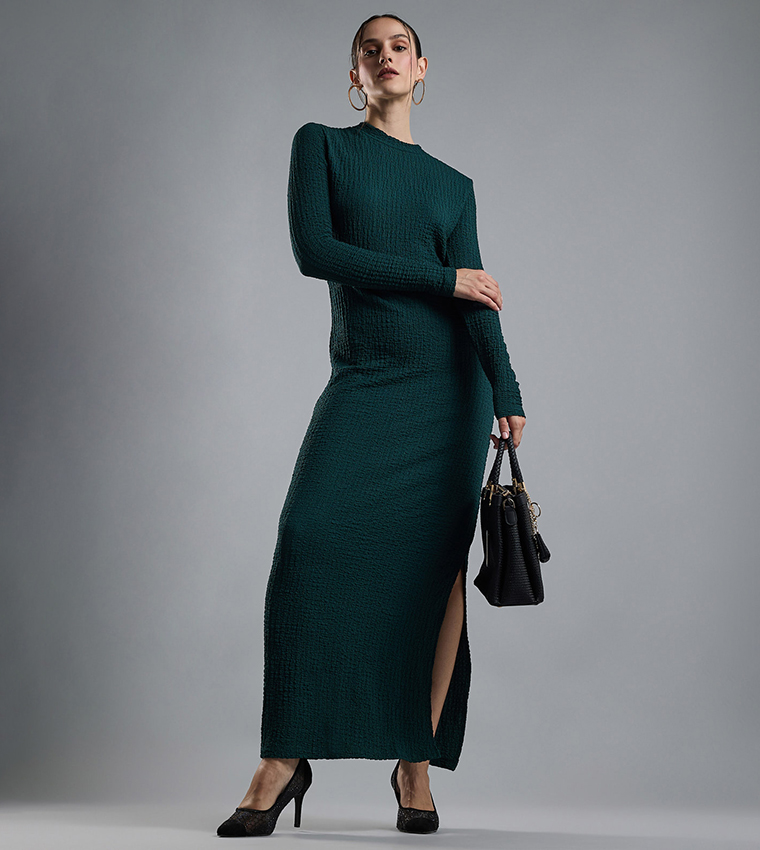 Buy R&B Solid Bodycon Dress With Crew Neck And Long Sleeves In Dark Green |  6thstreet UAE