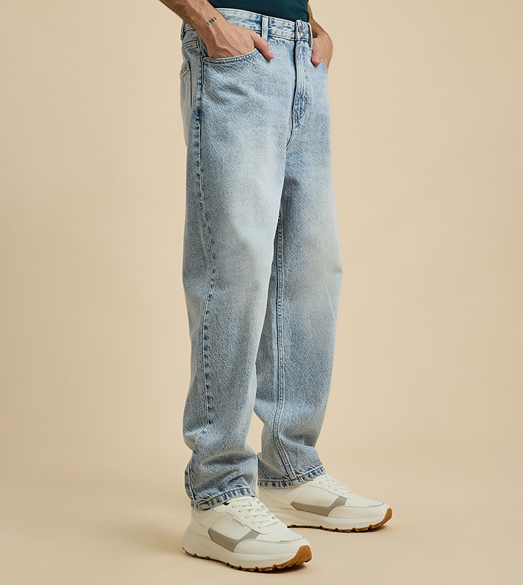 Washed Relaxed Fit Jeans with Button Closure