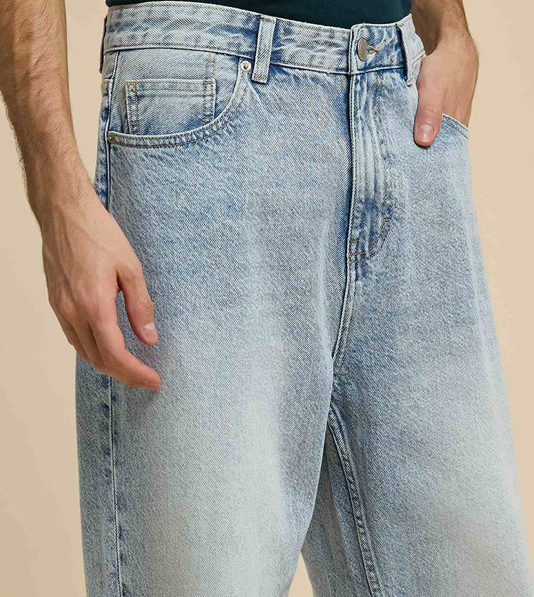Washed Relaxed Fit Jeans with Button Closure