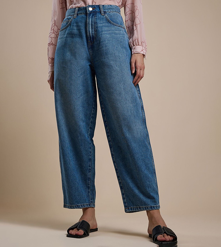 Washed Balloon Fit Jeans with Button Closure