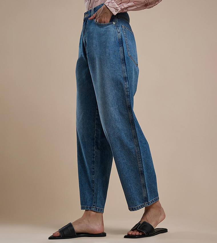 Washed Balloon Fit Jeans with Button Closure