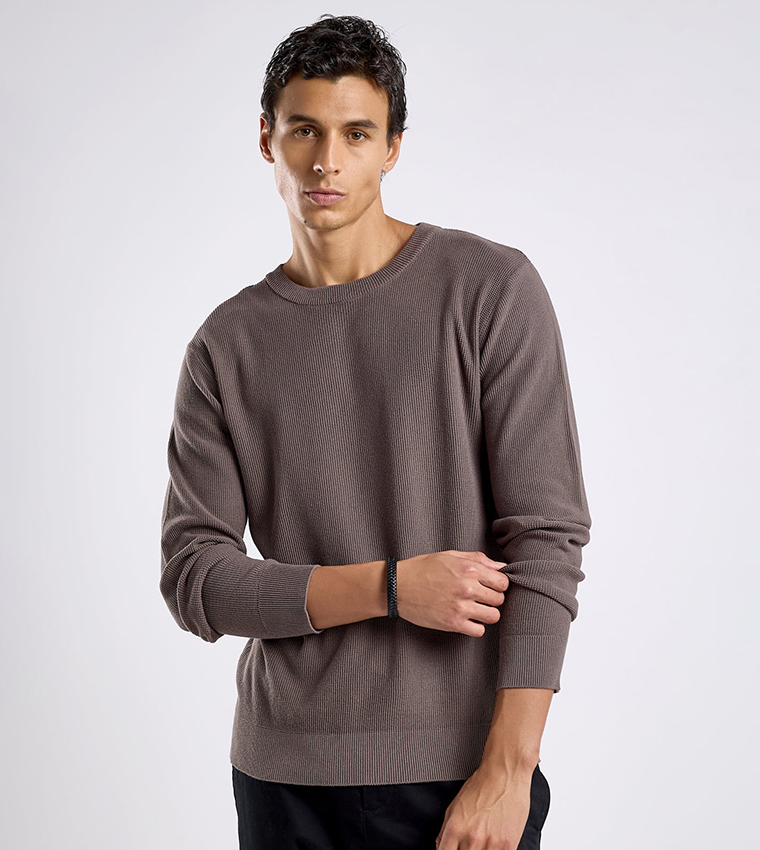 Textured Sweater with Crew Neck and Long Sleeves
