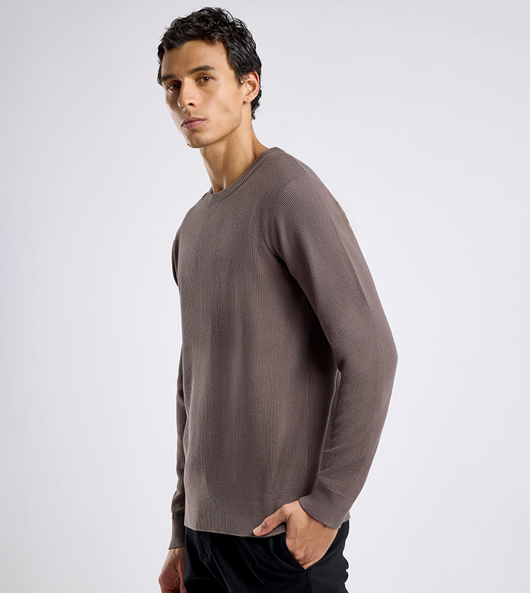 Textured Sweater with Crew Neck and Long Sleeves