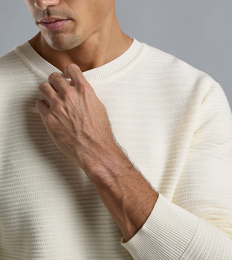 Textured Sweater with Crew Neck and Long Sleeves