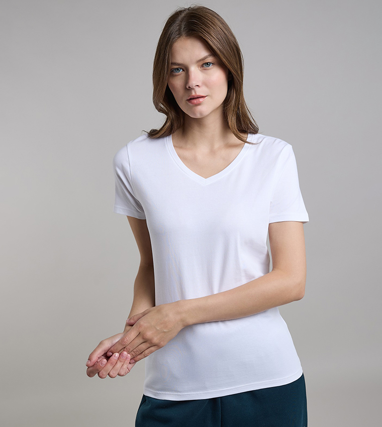 Solid T-Shirt with V-Neck and Short Sleeves