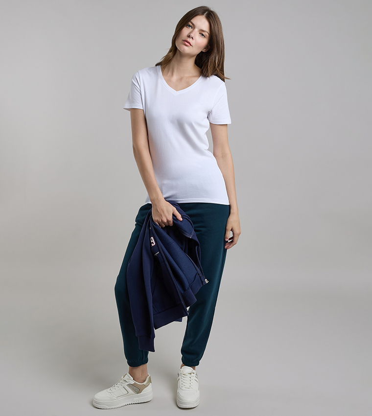 Solid T-Shirt with V-Neck and Short Sleeves