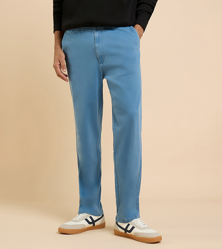 Washed Tapered Fit Jeans with Elastic Waist