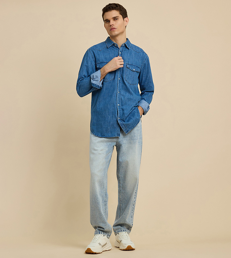 Washed Denim Shirt with Classic Collar and Long Sleeves