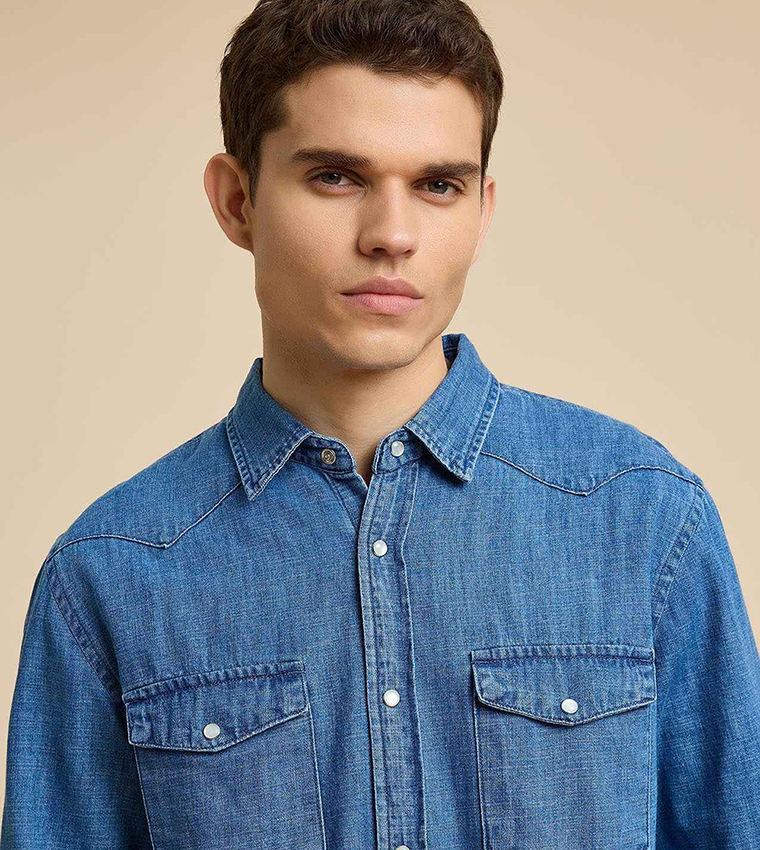 Washed Denim Shirt with Classic Collar and Long Sleeves
