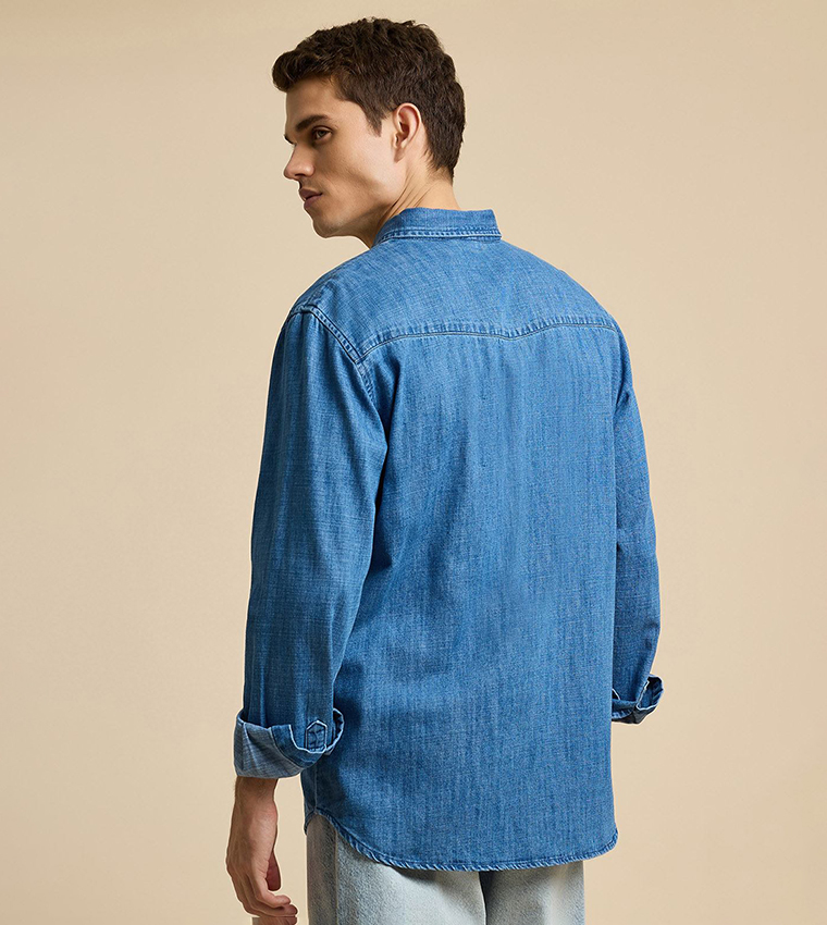 Washed Denim Shirt with Classic Collar and Long Sleeves