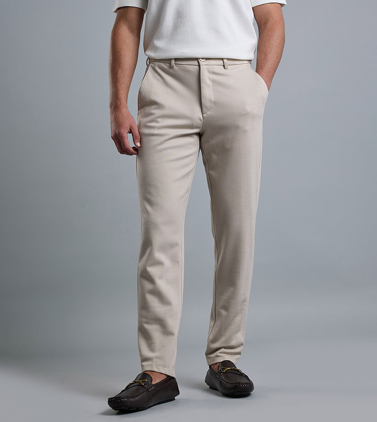 Solid Slim Fit Trousers with Button Closure