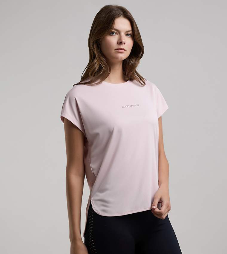 Typography Print Active T-Shirt with Crew Neck and Short Sleeves