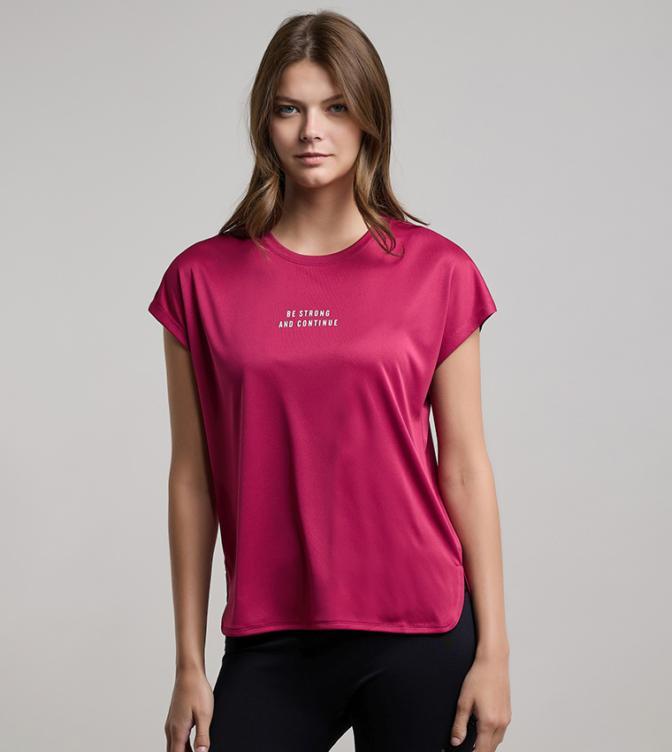 Typography Print Active T-Shirt with Crew Neck and Short Sleeves