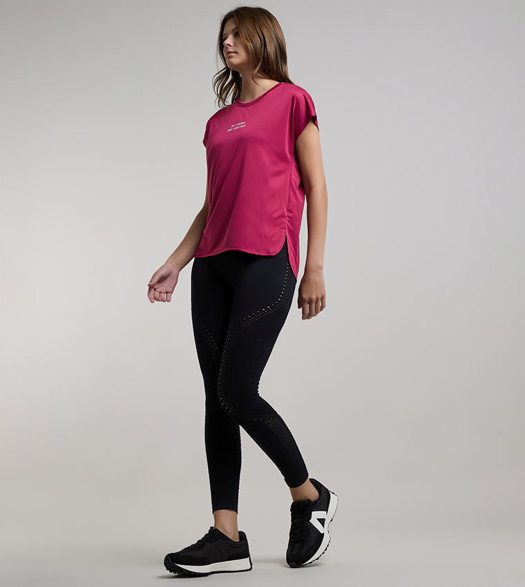 Typography Print Active T-Shirt with Crew Neck and Short Sleeves