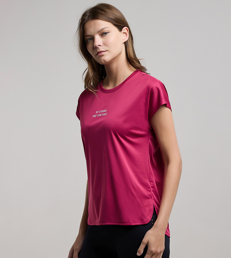 Typography Print Active T-Shirt with Crew Neck and Short Sleeves
