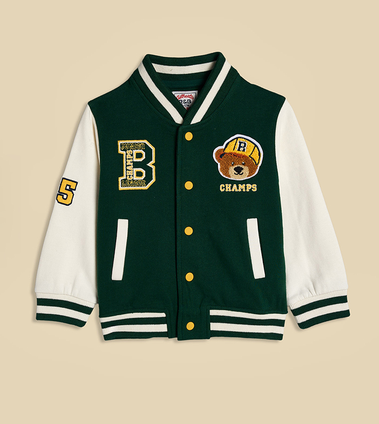 Appliqued Varsity Jacket with Stand Collar and Long Sleeves