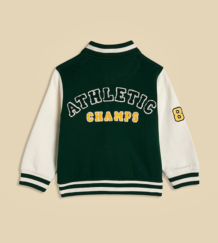Appliqued Varsity Jacket with Stand Collar and Long Sleeves