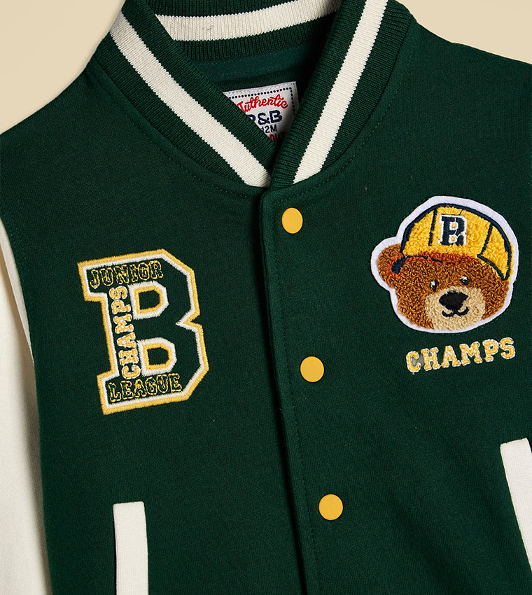 Appliqued Varsity Jacket with Stand Collar and Long Sleeves
