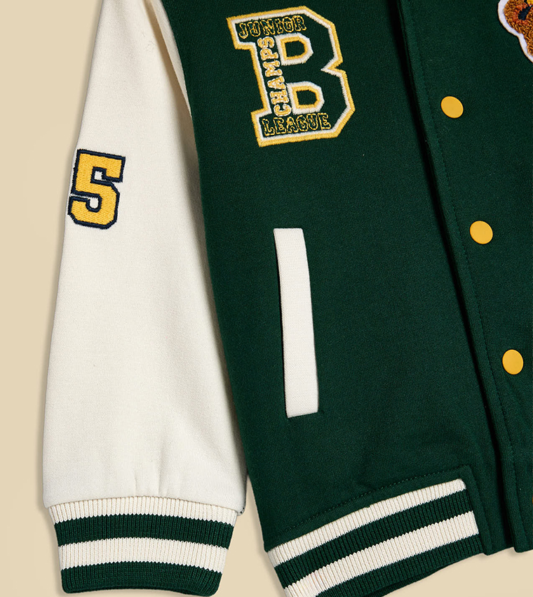 Appliqued Varsity Jacket with Stand Collar and Long Sleeves