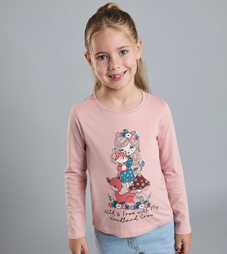 Graphic Print T-Shirt with Crew Neck and Long Sleeves