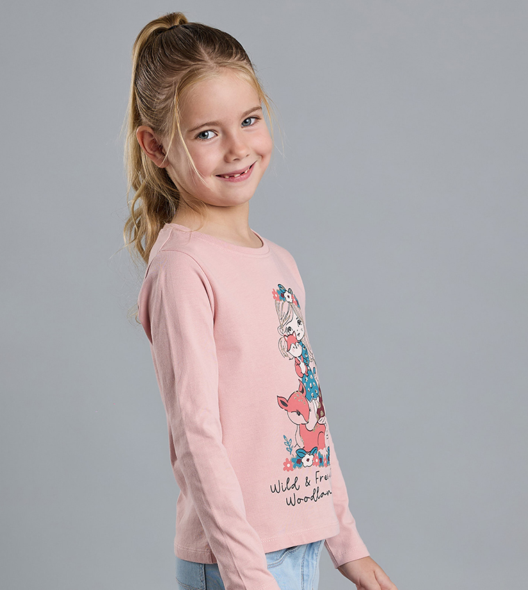 Graphic Print T-Shirt with Crew Neck and Long Sleeves