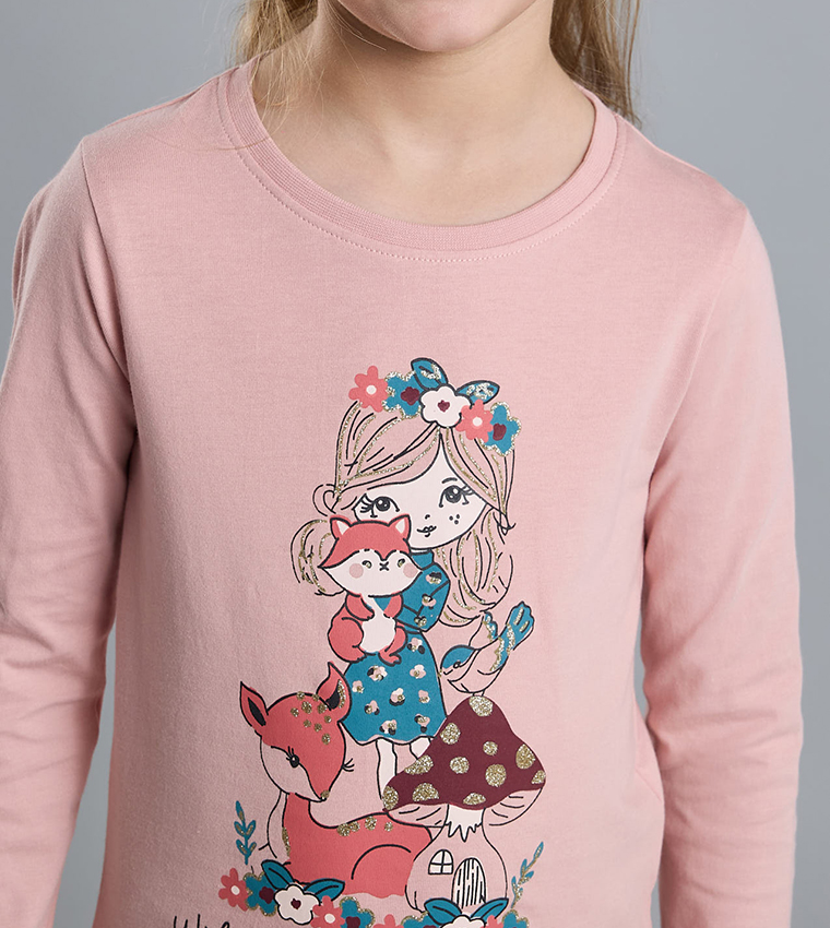 Graphic Print T-Shirt with Crew Neck and Long Sleeves