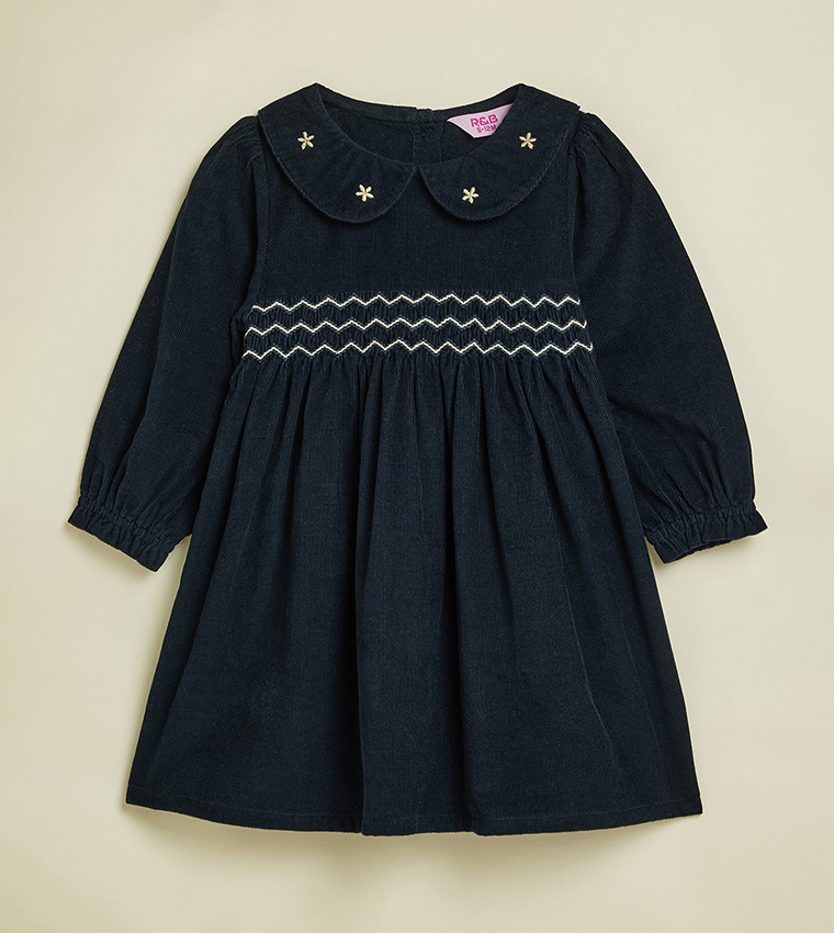 Embroidered Fit & Flare Dress with Long Sleeves