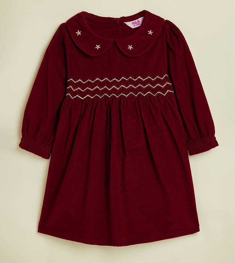 Embroidered Fit & Flare Dress with Long Sleeves