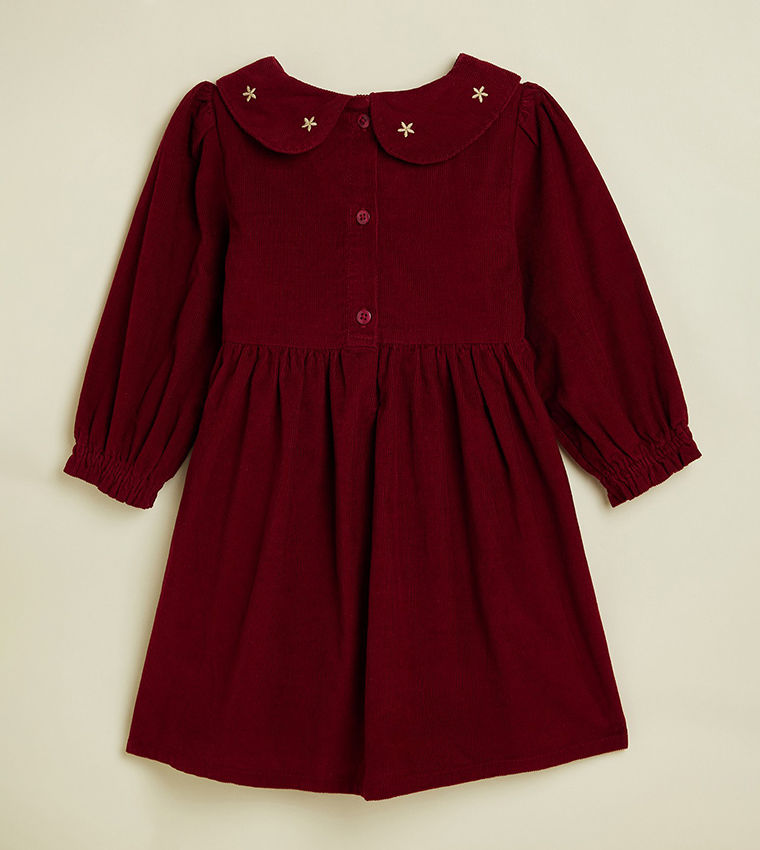 Embroidered Fit & Flare Dress with Long Sleeves